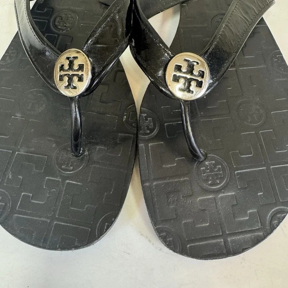 Tory Burch Flip Flop Sandals Women's Size 10M Thora Shoes Black Patent Summer